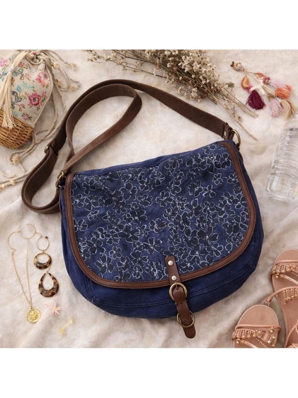 Lucky Brand Denim Floral Crossbody Messenger Bag Boho Navy